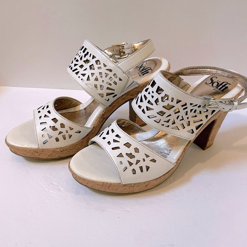 SOFFT White Leather Chunky Cork Heels Size 8.5 - Picture 3 of 10